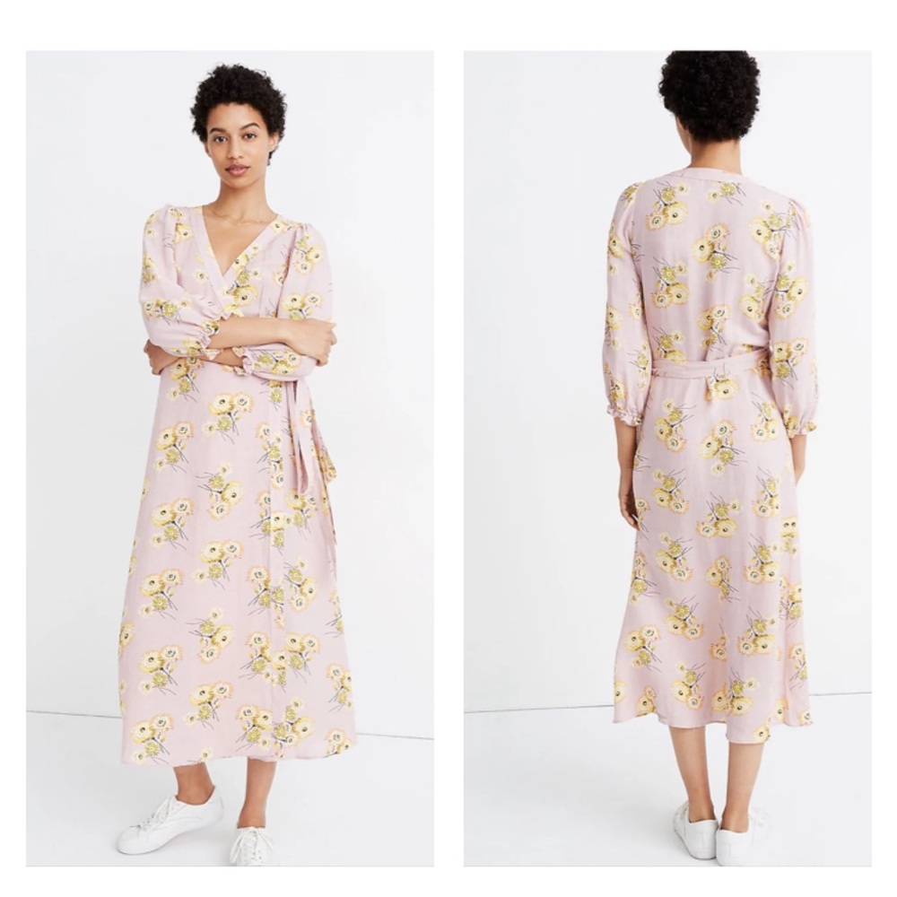 Madewell Linen-Blend Ruffle-Cuff Wrap Dress in Dutch Dandelions